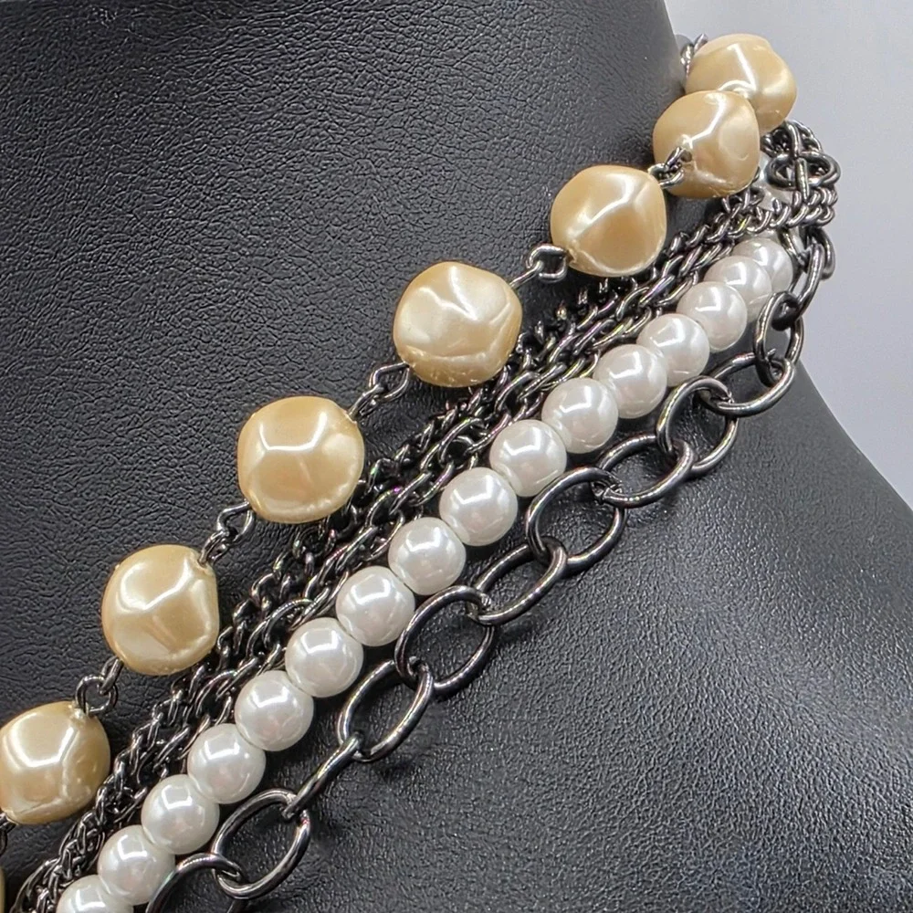 Express Gunmetal Faux Pearl Rhinestone Floral Multi Strand Statement Necklace‎
